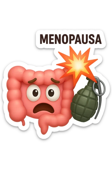 EMOJI STILE IPHONE 3D DI INTESTINO 3D CON ESPRESSIONE SPAVENTATA IN VOLTO MENTRE ACCANTO A LUI SCOPPIA UNA GRANATA 3D CON LA SCRITTA "MENOPAUSA" SOPRA, FAGLI ANCHE LA PARTE BIANCA DEGLI OCCHI, NON SOLO LA PUPILLA sticker