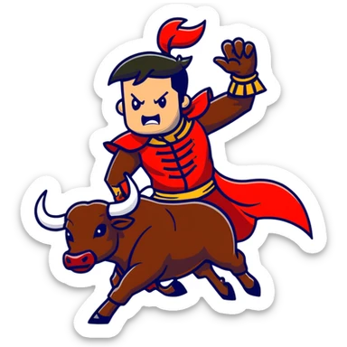 Matador in traditional costume waving red cape at angry bull sticker
