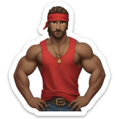 muscular man in red bandana standing sideways turns his head to face the viewer,his hand is bent in the elbow,torso sticker