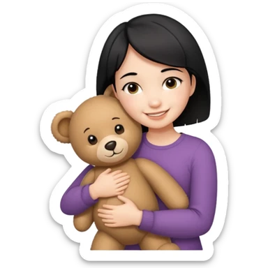 make an emoji a girl with short black hair hugging teddy bear and smile happiest sticker
