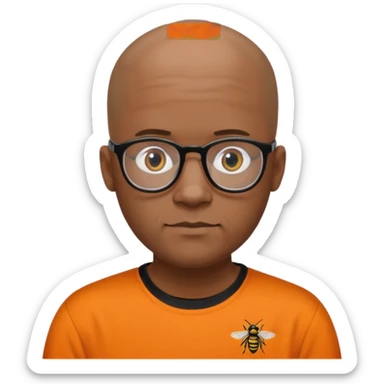 Derek, medium brown Black male, bald with black rimmed glasses, wearing an orange shirt with hornets written on the front in black with white trim sticker