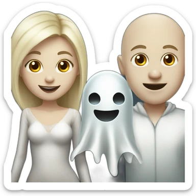 a blondie girl and a bald guy dressed as a ghost and a bald guy going both to a party sticker