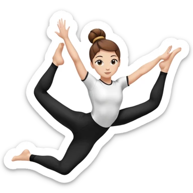 A female gymnast with brown hair in a neat bun, wearing black leggings and a T-shirt, performing an acrobatic move. sticker