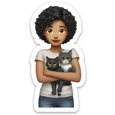 Girl with black curly hair and  gray cat sticker