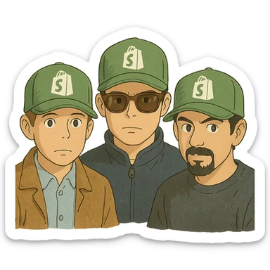 the Beastie Boys wearing hats with the Shopify logo sticker