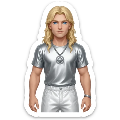 Baldr from Norse Mythology with blue eyes, long blonde hair, silver metallic shirt, white metallic baggy pants, silver necklace sticker