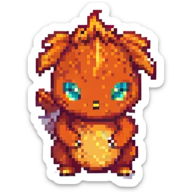 small cute fire-type creature inspired by classic Pokémon pixel art design sticker
