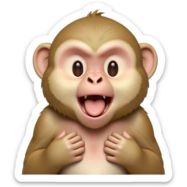Cinematic Cute Yawning Macaque Portrait Emoji, Head tilted slightly with a dramatic, wide-open yawn, showcasing a gently textured face with half-closed, sleepy eyes and an open, relaxed mouth, Simplified yet irresistibly adorable features, highly detailed, glowing with a soft, cozy glow, high shine, relaxed yet expressive, stylized with a dash of whimsical charm, soft glowing outline, capturing the essence of a drowsy yet affectionate primate that appears ready to stretch out for a nap! sticker