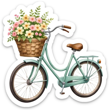 bicycle with a basket of flowers, dreamy lighting, soft painterly textures, whimsical and nostalgic, watercolor style sticker
