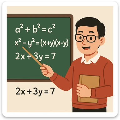 flat toon style Chinese math teacher with glasses pointing at math equations sticker