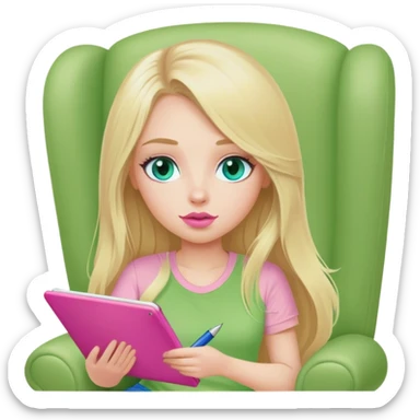 Cinematic realistic blonde with long hair, blue eyes and pink lips, dressed in a green T-shirt, sits in a beige armchair with a pink notebook and pen in her hands sticker