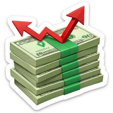 stack of banknotes with a red arrow pointing down sticker