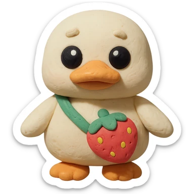 cute white duck with a strawberry-shaped shoulder bag, kawaii 3D clay style, pastel colors, big shiny eyes, soft lighting, chibi aesthetic sticker