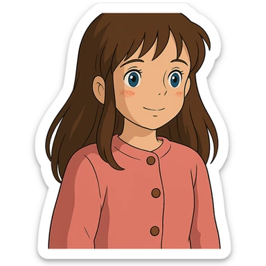 ghibli style cute girl with long brown hair and blue eyes, wearing a pink cardigan with buttons sticker