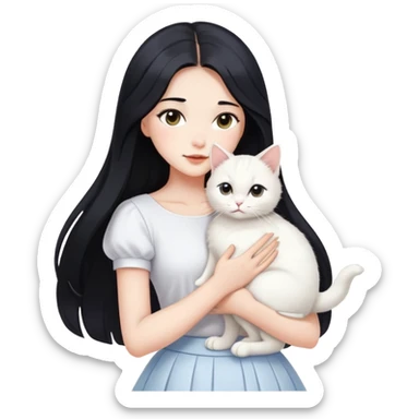 A beautiful girl with long black hair wearing a white skirt holds a cute white cat in her arms sticker