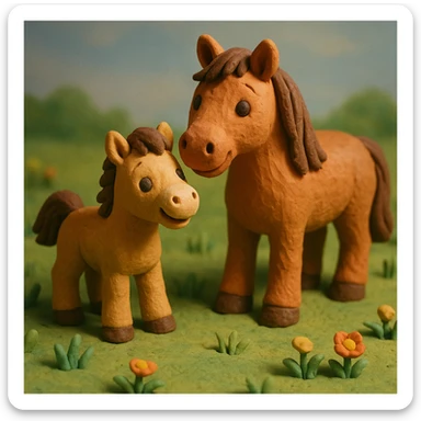 foal and mare together, cute and cheerful, detailed fur, in a grassy meadow, claymation style sticker