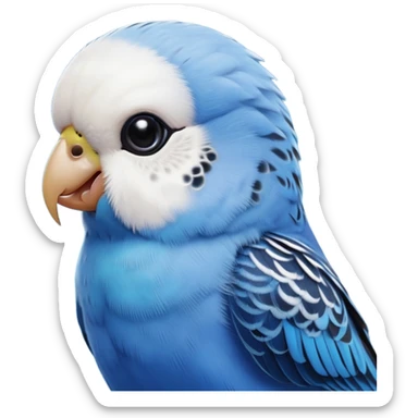 cinematic-cute-blue-budgie-portrait-emoji,-head-tilted-playfully-and-inquisitively,-featuring-a-brilliant-blue-feathered-fur-and white and black feathered face-with-a-natural-sheen,-round,-sparkling-dark-eyes-filled-with-curiosity,-simplified-yet-irresistibly-adorable sticker
