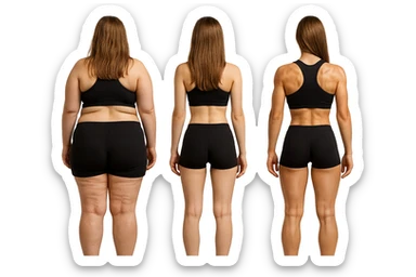 fai una donna di spalle in gym shorts leggermente sovrappeso e con cellulite e accanto una seconda donna di spalle magra (che è dimagrita post dieta) e accanto una terza donna in forma allenata e con le giuste proporzioni, l'immagine deve rappresentare il processo: da donna grassa, a donna piatta e magra, a donna allenata e in forma con i giusti muscoli, iperrealistico 4k sticker