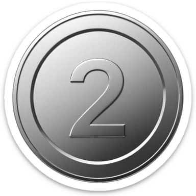 Emoji icon of a metal coin with engraved number 2, minimalist style, isolated, only metal color sticker