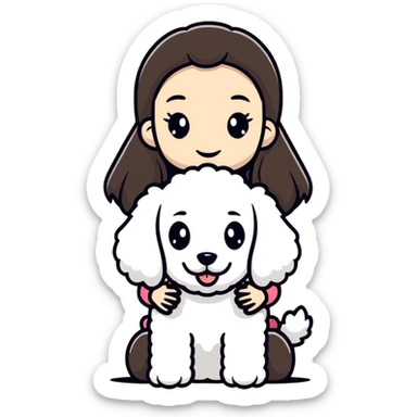 Brunette girl with long straight hair holding a white poodle dog with a black head and ears sticker