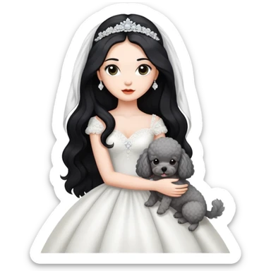 A beautiful girl with long black hair in a wedding dress holds a small gray poodle sticker
