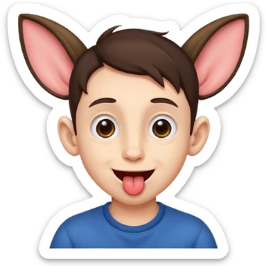 a brunette boy with small eyes with big human ears and with his tongue out sticker
