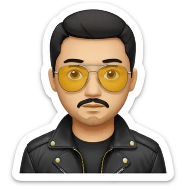 A man with middle part black hair sunglasses with yellowish glasses And black jacket. Goatee short black beard sticker
