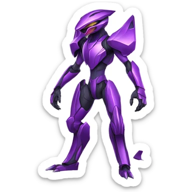 a shiny purple Genesect-Raptor-Fakémon—hybrid with a futuristic visor-helmet full body sticker