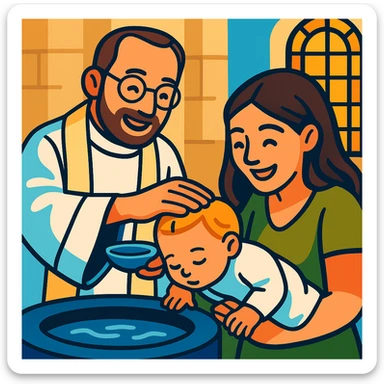 Cartoonize this baptism scene in vibrant toon style, keeping the main elements and expressions clear and vivid. sticker
