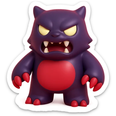 angry monster with sharp claws, glowing eyes, fierce snarl, dark purple and red palette sticker