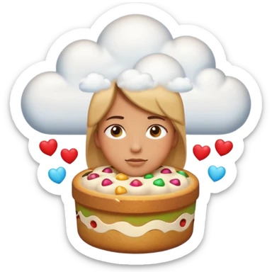 Apple-style emoji illustration of a person with dreamy eyes, and avobe them a thinking cloud with a traditionmal panettone inside, small hearts floating around, soft 3D emoji style, smooth gradients, rounded shapes, warm festive colors, simple expression. sticker