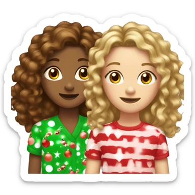 3 girls in Christmas pjs. Tallest with brown curly hair, middle with brown hair, and youngest with blonde hair. sticker