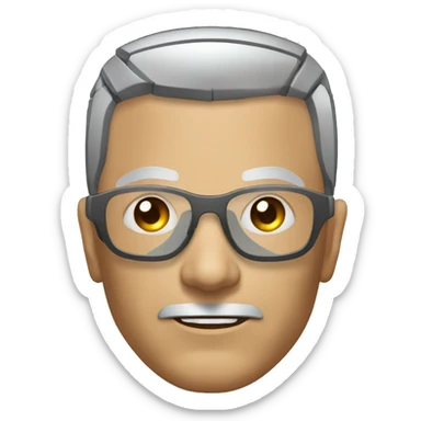 Older Male cyborg head with metallic plated face, brown flat top haircut, glasses and circuitry sticker
