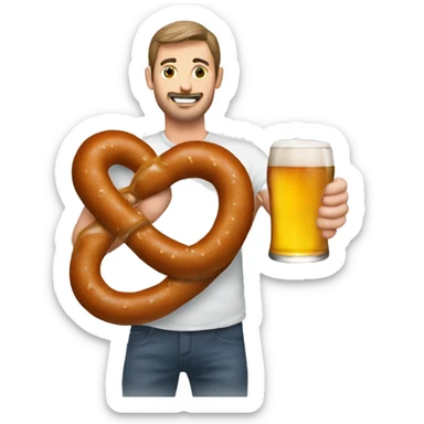A human pretzel with a sausage and a beer in his han sticker