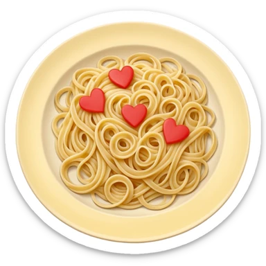 loose tangle of pale yellow cooked spaghetti with soft glossy texture and natural curves, strands slightly twisted and overlapping, freshly prepared dish, no bowl or chopsticks. Add tiny read hearts on the spaghetti sticker