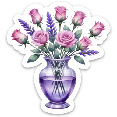 Watercolor painting of roses and lavender in a crystal vase, with light brushstrokes visible sticker