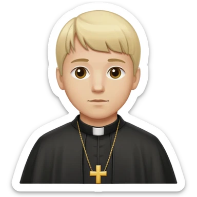 a man with blond hair, straight bangs, a jacket like a priest sticker