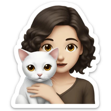 A pale girl with dark brown hair and dark brown eyes holds a white cat and look at the cat sticker