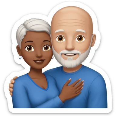 Talk bald white man with a white beard and blue eyes lovingly holding a black woman with brown eyes and grey hair sticker