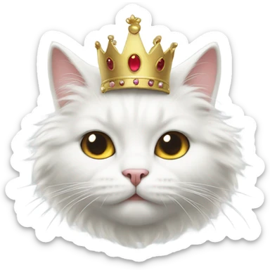 Fluffy white cat wearing a crown sticker