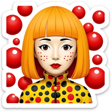 Yayoi Kusama – Cinematic Realistic Portrait of Yayoi Kusama, depicted as an avant-garde artist with an eccentric, captivating expression surrounded by her iconic polka dot patterns, rendered with vivid textures and imaginative lighting that evokes her unique, surreal creative world. sticker