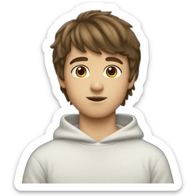 boy with brown hair and bangs wearing a sweatshirt sticker