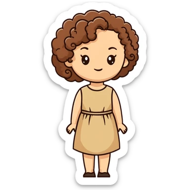white woman with curly brown hair wearing a beige dress sticker