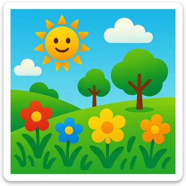 sunny landscape with trees and flowers, bright and cheerful, colorful, simple shapes, emoji style inspiration sticker
