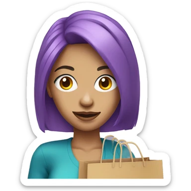 caucasian influencer with purple hair holding a shopping bag sticker