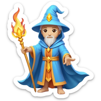 Clash of Clans aesthetic: Cinematic heroic powerful fire Wizard Hero  close up Emoji, rendered in a 3D vector-style similar to standard emojis with minimal shading and bold, simplified shapes. A compact, isometric figure draped in flowing enchanted robes and wielding a mystical staff, softly glowing with an arcane magical charm. Simplified yet unmistakably iconic, highly detailed and consistent, glowing with a soft radiant glow and high shine. Stylized with a touch of whimsical sorcery and a soft glowing outline, capturing the essence of a powerful wizard ready to cast spells with a friendly, playful spirit! sticker