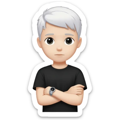 just a boy with TOTALLY WHITE SHORT HAIR (pure white like paper or snow, not gray, not blonde), wearing dark t-shirt, silver ring with black stone sticker