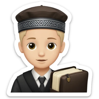 a boy with kippa putting on tefillin sticker