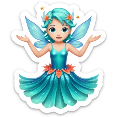 portrait of a small ocean fairy with translucent fins for wings, turquoise skin, coral-like dress, floating above water with sparkles around, joyful pose, front-facing, magical vibe sticker