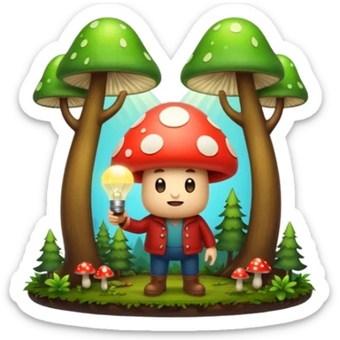 forest character with glowing lightbulb mushroom idea moment sticker